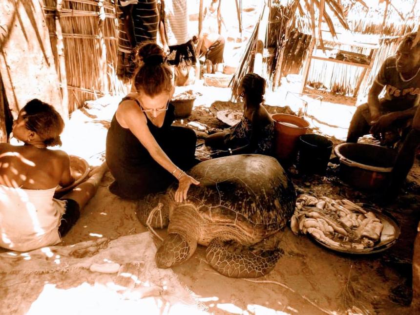 woman helping a sea turtle