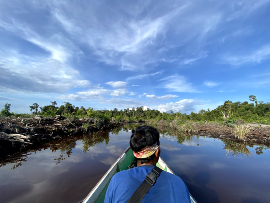 A person sitting in a boat with their back turned to the camera, going down a calm river through forested area.