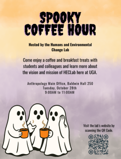 Flyer for Spooky Coffee Hour with ghosts drinking out of orange coffee cups