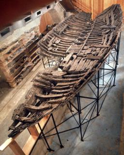 The Kyrenia ship's wooden hull on display in Cyprus