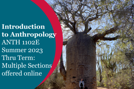 white text says: "introduction to anthropology ANTH 1102E Summer 2023 Thru Term: Multiple sections offered online" on top of photo of tree