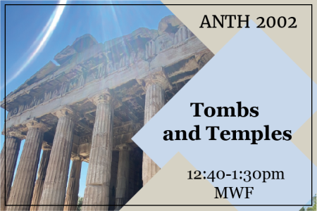 flyer with catalog description placed over blue and tan diamonds over image of temple