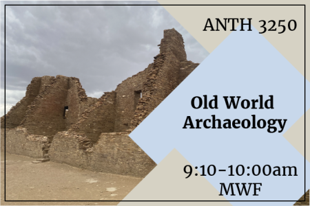 flyer with catalog description placed over blue and tan diamonds over image of brick ruins