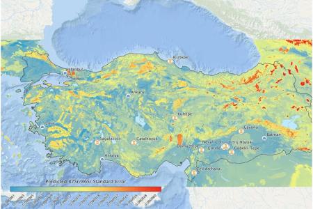 Figure 5. Map of Türkiye showing the predicted standard error in the 87Sr/86Sr isoscape model across the Anatolian landscape.