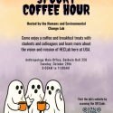 Flyer for Spooky Coffee Hour with ghosts drinking out of orange coffee cups